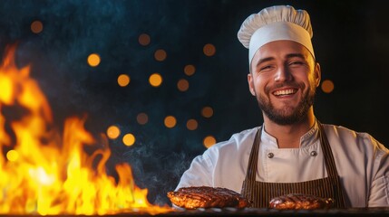 Smiling male chef in a white uniform and striped apron grills meat over open flames. The background is dark with bokeh lights. The lighting is warm.