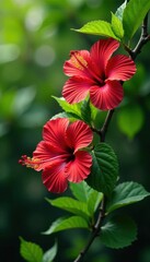 Image of Red hibiscus flowers in full bloom on lush branch, leafy greens, plants printed on Printed Glass Basin Splashbacks