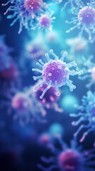 Vibrant microscopic view of colorful viruses in digital representation, showcasing intricate details and structures. This captures essence of viral biology and its complexity