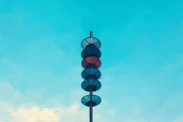 A red-lit modern traffic signal situated before a clear, blue sky with no clouds