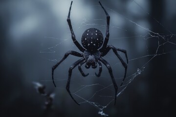 Black spider with white spots hanging in a web surrounded by dark forest atmosphere during twilight hours