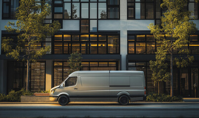 Obraz premium A Modern Van in Front of a Creative Co-Working Center, Blending Design and Functionality