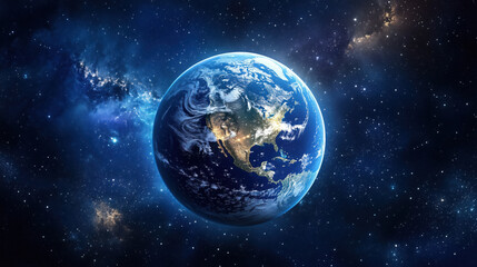 Obraz premium Earth Glowing at Night from Space with Twinkling City Lights Across Continents Against the Vast Dark Expanse of the Universe