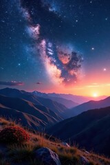 Rolling hills and mountains under a starry night sky with Milky Way visible, sky, stars, sunset