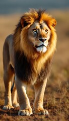 Obraz premium Majestic lion standing in grassy savannah, symbolizing strength and wildlife conservation. Great for safari, nature, and wildlife-themed events, World Lion Day, or educational projects