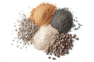 Ingredients for concrete mix gravel sharp sand pit sand and cement viewed from above against a white background