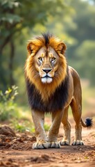 Fototapeta premium Majestic lion standing in grassy savannah, symbolizing strength and wildlife conservation. Great for safari, nature, and wildlife-themed events, World Lion Day, or educational projects