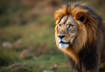 Majestic lion standing in grassy savannah, symbolizing strength and wildlife conservation. Great for safari, nature, and wildlife-themed events, World Lion Day, or educational projects