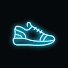 Blue neon sign of a generic sneaker shoe glowing on black background