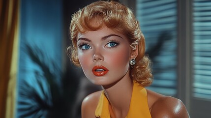 Model with glamorous makeup and vintage hairstyle poses indoors with vibrant colors and soft lighting in a cozy setting