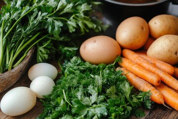 Ingredients for Russian nettle soup nettle potatoes carrots eggs onions garlic