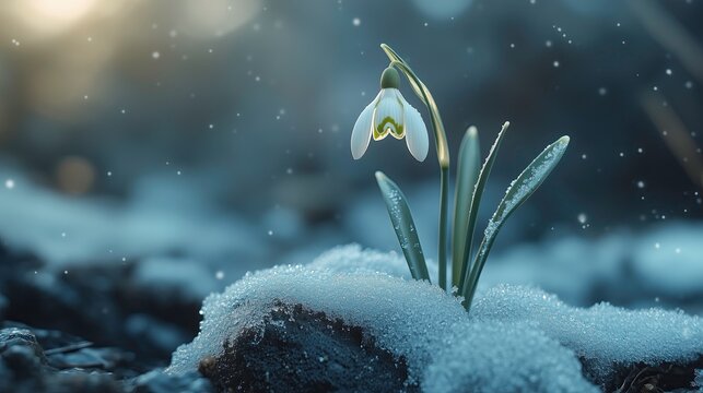 Delicate snowdrop flower blooming through snow in winter light