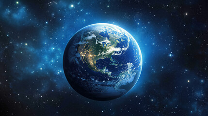 Fototapeta premium Earth Glowing at Night from Space with Twinkling City Lights Across Continents Against the Vast Dark Expanse of the Universe