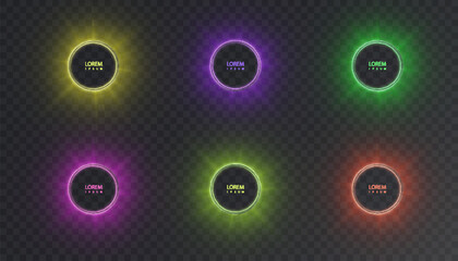 Abstract background of glowing vector circles in bright colorful colors, light effect around bright circles with bright glow on transparent background.
