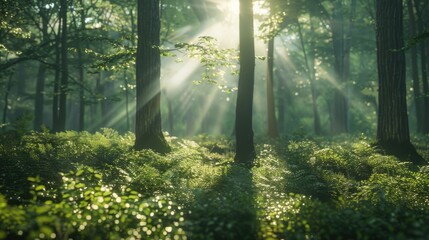 A peaceful woodland scene with sunlight filtering through the trees, revealing the beauty of the natural landscape