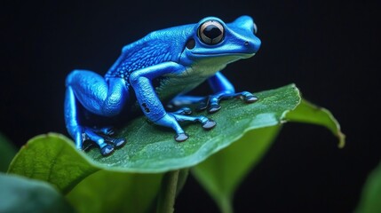 Close-up of poison dart frog with bright blue skin, sitting on green leaf. Dew droplets visible on surface of leaf. Animal is vibrant and colorful. Wildlife subject in focus against dark background.