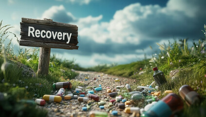 Path to recovery with scattered pills symbolizes overcoming addiction. 