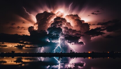 Dramatic lightning storm illuminates the night sky over a tranquil lake reflecting colorful clouds and vibrant lightning bolts