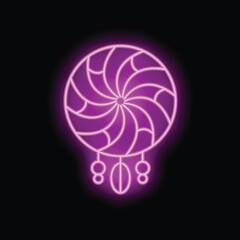Purple neon sign depicting a traditional dreamcatcher, shining brightly against a dark background
