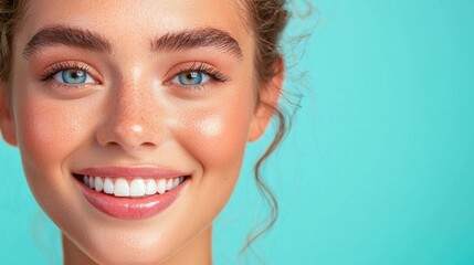 Naklejka premium Close up portrait of a young woman with freckles and glitter on her face, smiling brightly against a teal background. Her makeup is natural and her hair is light brown and curly.
