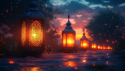 Fototapeta premium Serene Pathway with Glowing Lanterns and Colorful Sunset