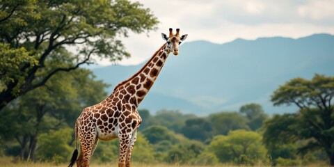 Obraz premium Giraffe standing in lush savannah with rainbow in background. Serene wildlife scene for nature and travel inspiration.