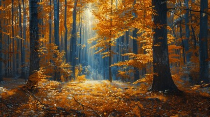 A peaceful woodland scene with sunlight filtering through the trees, casting long shadows on the forest floor covered with greenery