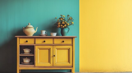 Vintage yellow and blue kitchen cabinet