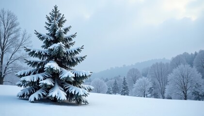 Snow-covered fir tree under a grey and overcast sky, bare tree branches, frozen foliage, snowy forest