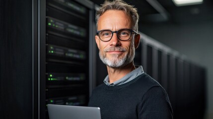 Smiling middle aged man with glasses and salt and pepper beard holds laptop in a server room. Dark background, technological setting, neutral expression.