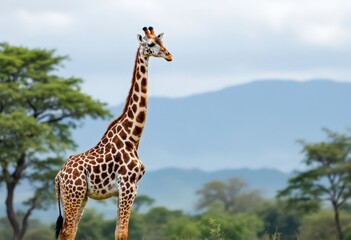 Obraz premium Giraffe standing in lush savannah with rainbow in background. Serene wildlife scene for nature and travel inspiration.