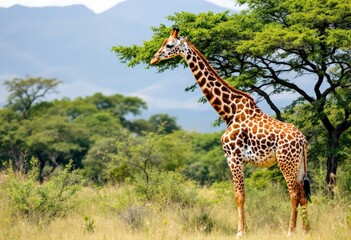 Obraz premium Giraffe standing in lush savannah with rainbow in background. Serene wildlife scene for nature and travel inspiration.