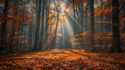 Fototapeta premium A peaceful woodland scene with sunlight filtering through the trees, casting long shadows on the forest floor covered with greenery