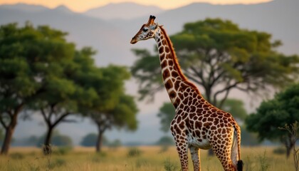 Obraz premium Giraffe standing in lush savannah with rainbow in background. Serene wildlife scene for nature and travel inspiration.
