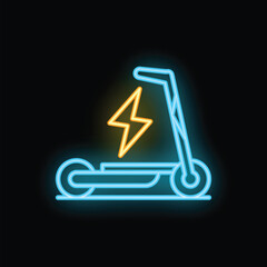 Blue and yellow neon sign showing an electric scooter with a lightning bolt, symbolizing electric transportation, on a black background