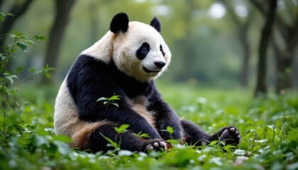 Fototapeta premium Giant panda sitting in lush green forest. Cute animal in natural habitat. Wildlife scene for nature, conservation, and educational projects.