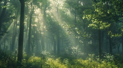 Obraz premium A serene forest scene with sunlight streaming through the tree canopy, highlighting the natural landscape of plants and grass