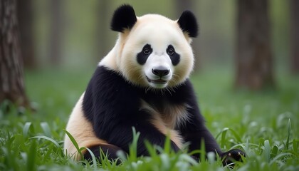 Obraz premium Giant panda sitting in lush green forest. Cute animal in natural habitat. Wildlife scene for nature, conservation, and educational projects.