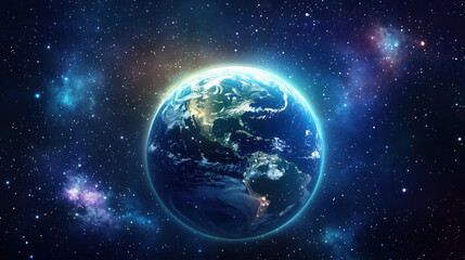 Fototapeta premium Earth Glowing at Night from Space with Twinkling City Lights Across Continents Against the Vast Dark Expanse of the Universe
