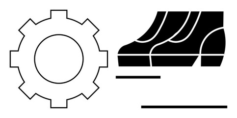 Gear symbol alongside a shoe sole with directional stripes indicating movement. Ideal for themes such as industry, machinery, progress, mechanics, footwear, automation, and fitness. Clean design