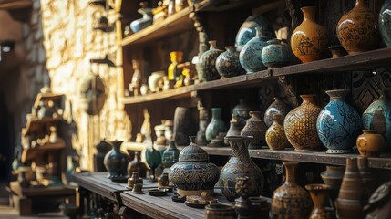Fototapeta premium Antique pottery and artifacts displayed on wooden shelves