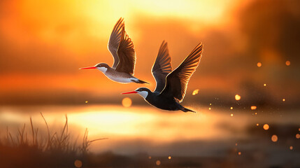 Fototapeta premium Two birds flying against sunset background 