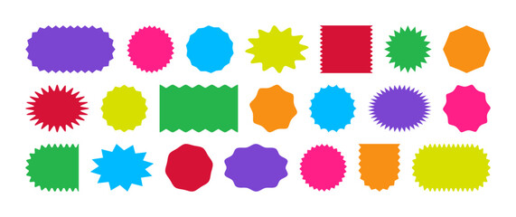 Badge star, sticker starburst shape, sale price tag, colorful sun, circle and oval label, round discount icon isolated on white background. Color vintage banner set. Vector illustration