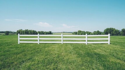 Fototapeta premium White fence in green field, sunny day, rural landscape, idyllic scene; website background