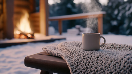 Cozy winter cabin getaway with knit blanket and warm beverage by the fire
