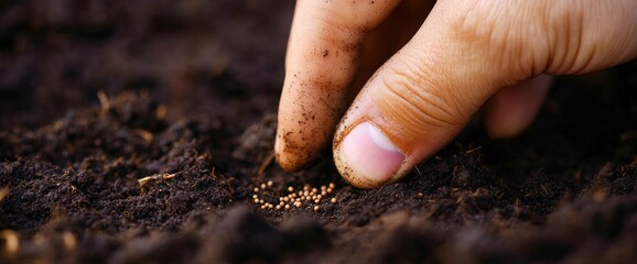 Fingers gently place tiny seeds into moist dark soil, showcasing the rich texture and earthiness of the ground in a garden setting. The moment reflects care and nurturing