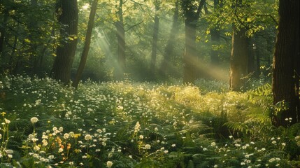 Fototapeta premium A serene forest scene with sunlight streaming through the tree canopy, highlighting the natural landscape of plants and grass