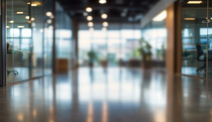 Blurred hotel or office building lobby blur background interior view toward reception hall, modern luxury white room space with blurry corridor and building glass wall window