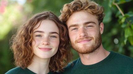 Fototapeta premium Close up portrait of a young freckled couple smiling gently, wearing matching dark green sweaters, set against a softly blurred green background outdoors. Natural sunlight illuminates their faces.