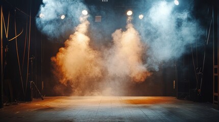 Theatrical stage illuminated with warm and cool spotlights